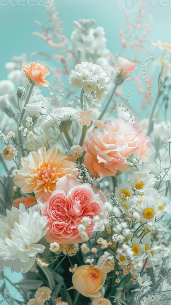 A vase full of flowers on a blue background photo
