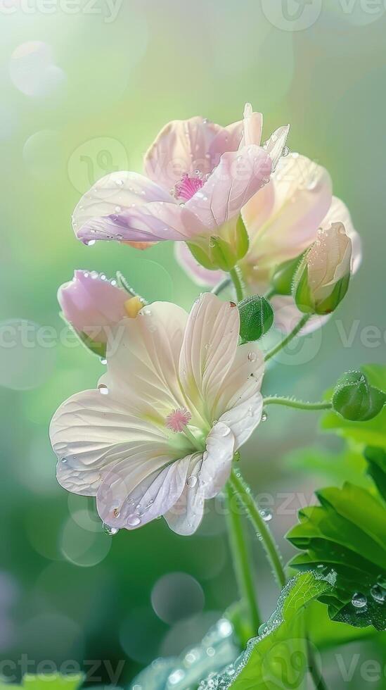 Pink flowers with water droplets on them in a green background photo
