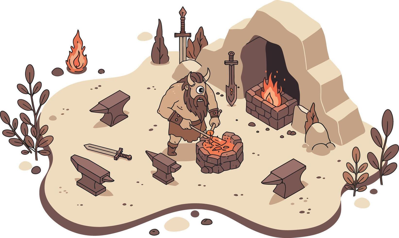 Blacksmith Forge with Anvil and Fire in Rustic Workshop Scene Illustration vector