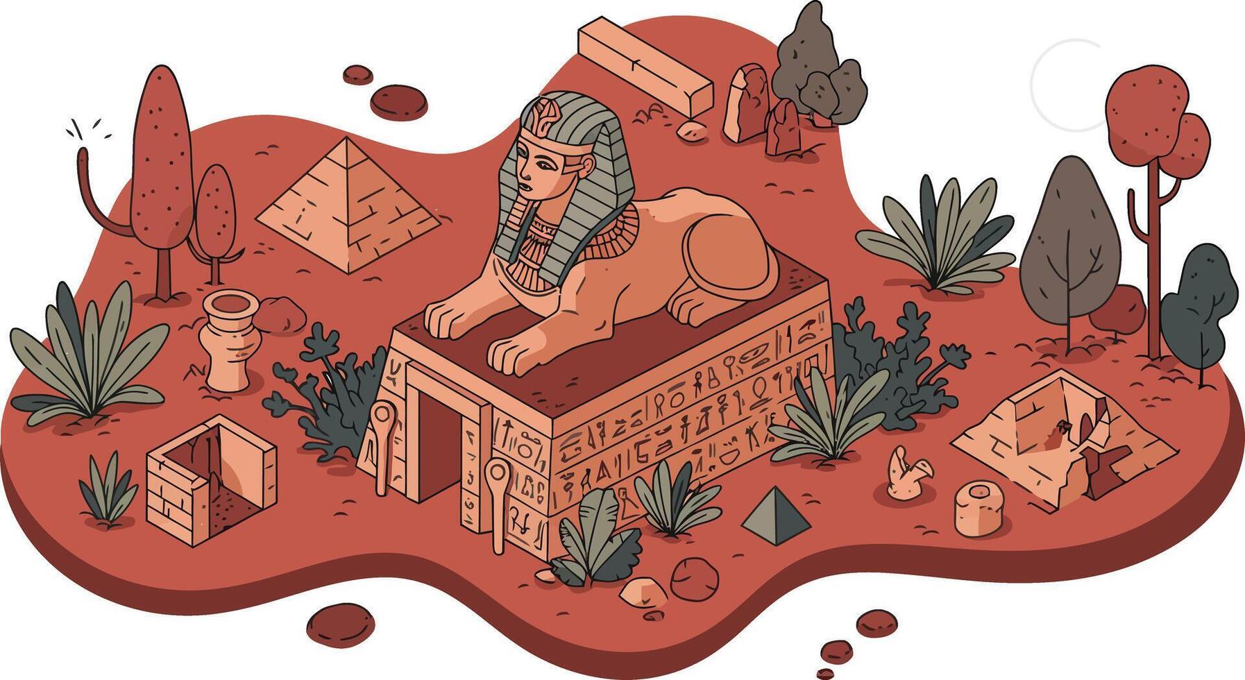 Ancient Egyptian sphinx monument surrounded by pyramids and desert plants in illustration design vector