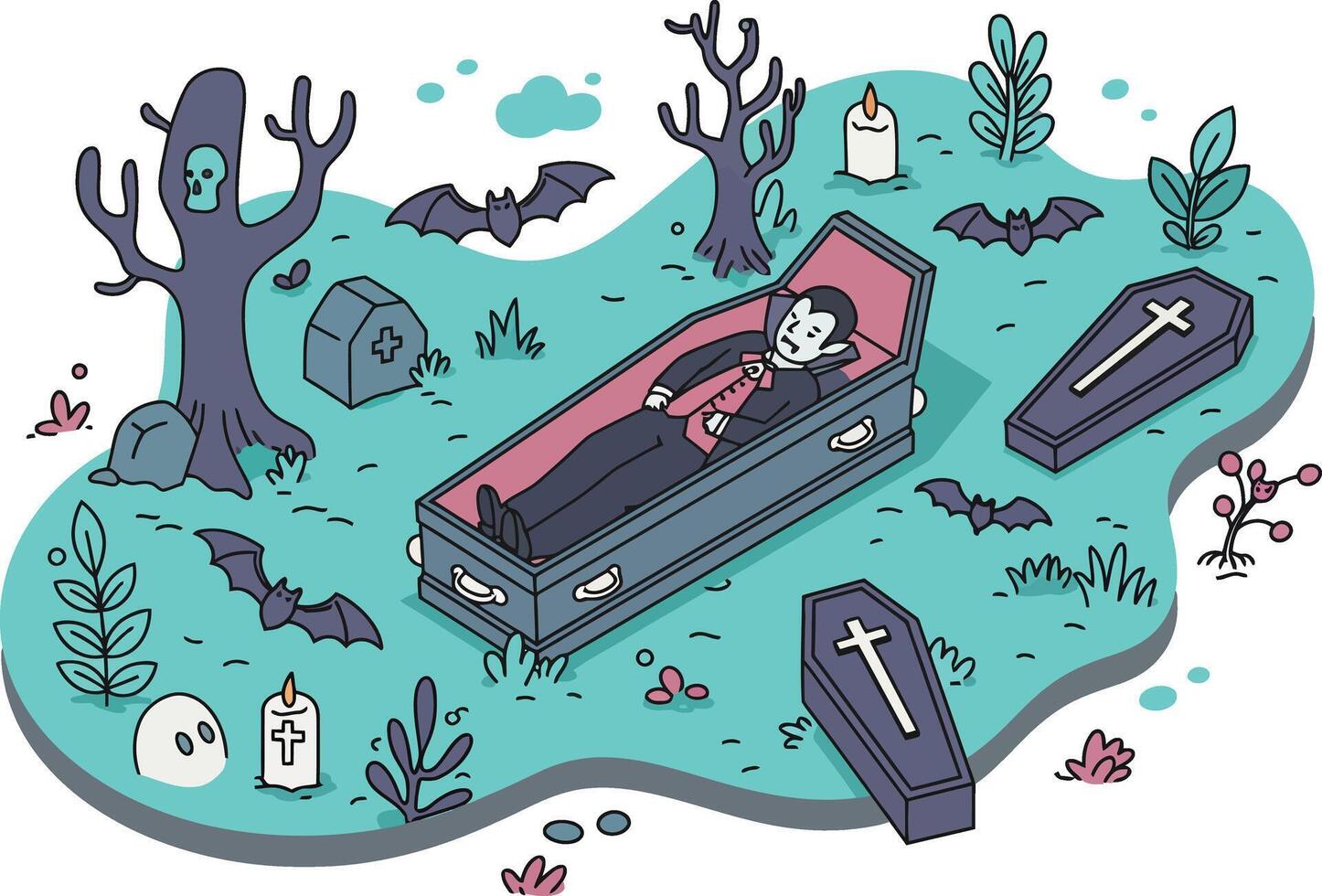 Skeleton resting in coffin surrounded by spooky graveyard elements and bats in cartoon style vector