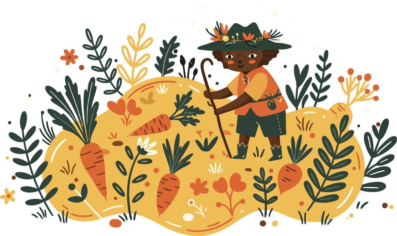 Child harvesting carrots in garden surrounded by plants and flowers illustration vector
