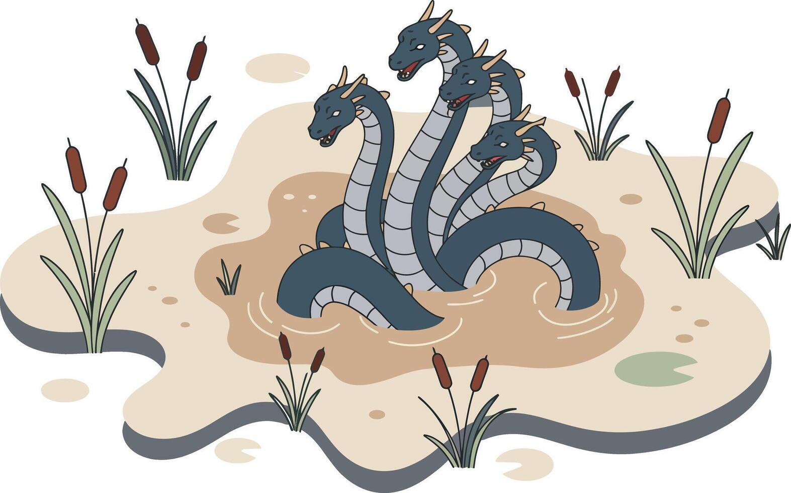 Three-headed hydra mythical creature in swampy environment with reeds and mud illustration vector