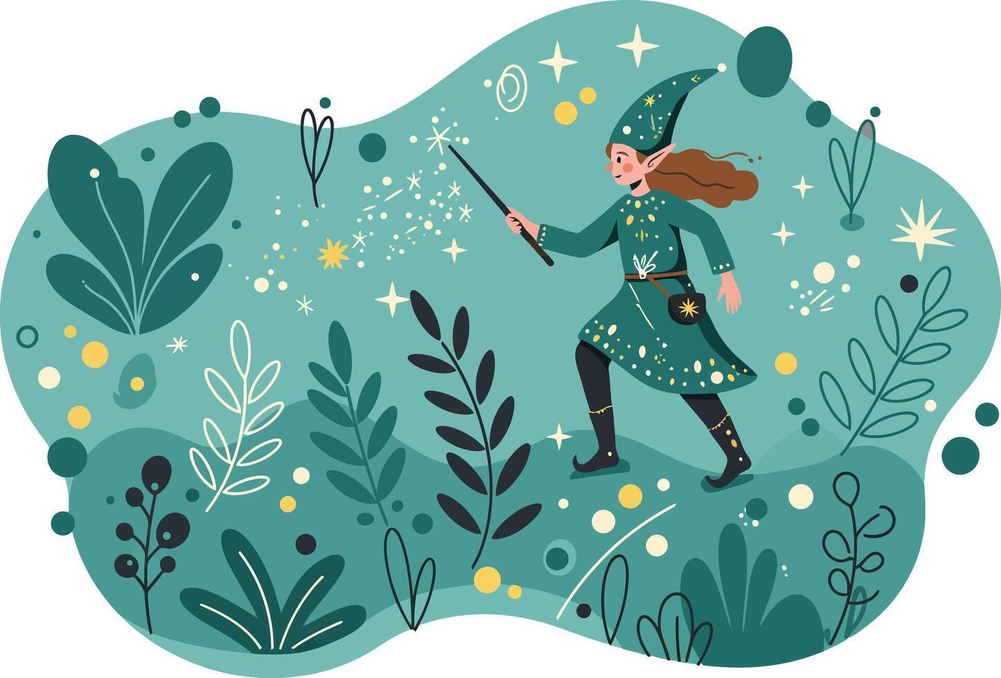 Young female witch casting magic wand spell in enchanted forest illustration with green tones vector