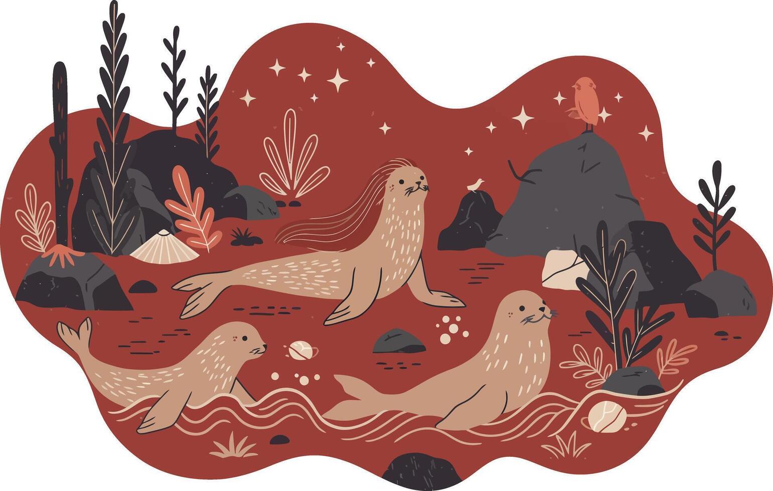 Sea otters resting and playing in stylized natural habitat with red background and aquatic plants illustration vector