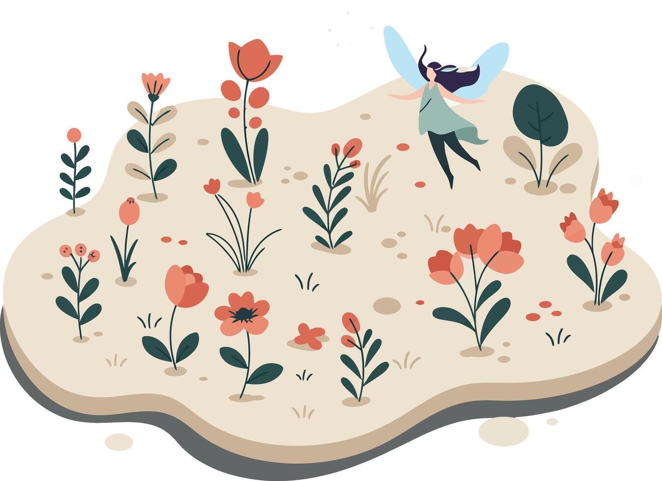 Small fairy flying over colorful flower garden with red and pink blossoms natural nature illustration vector