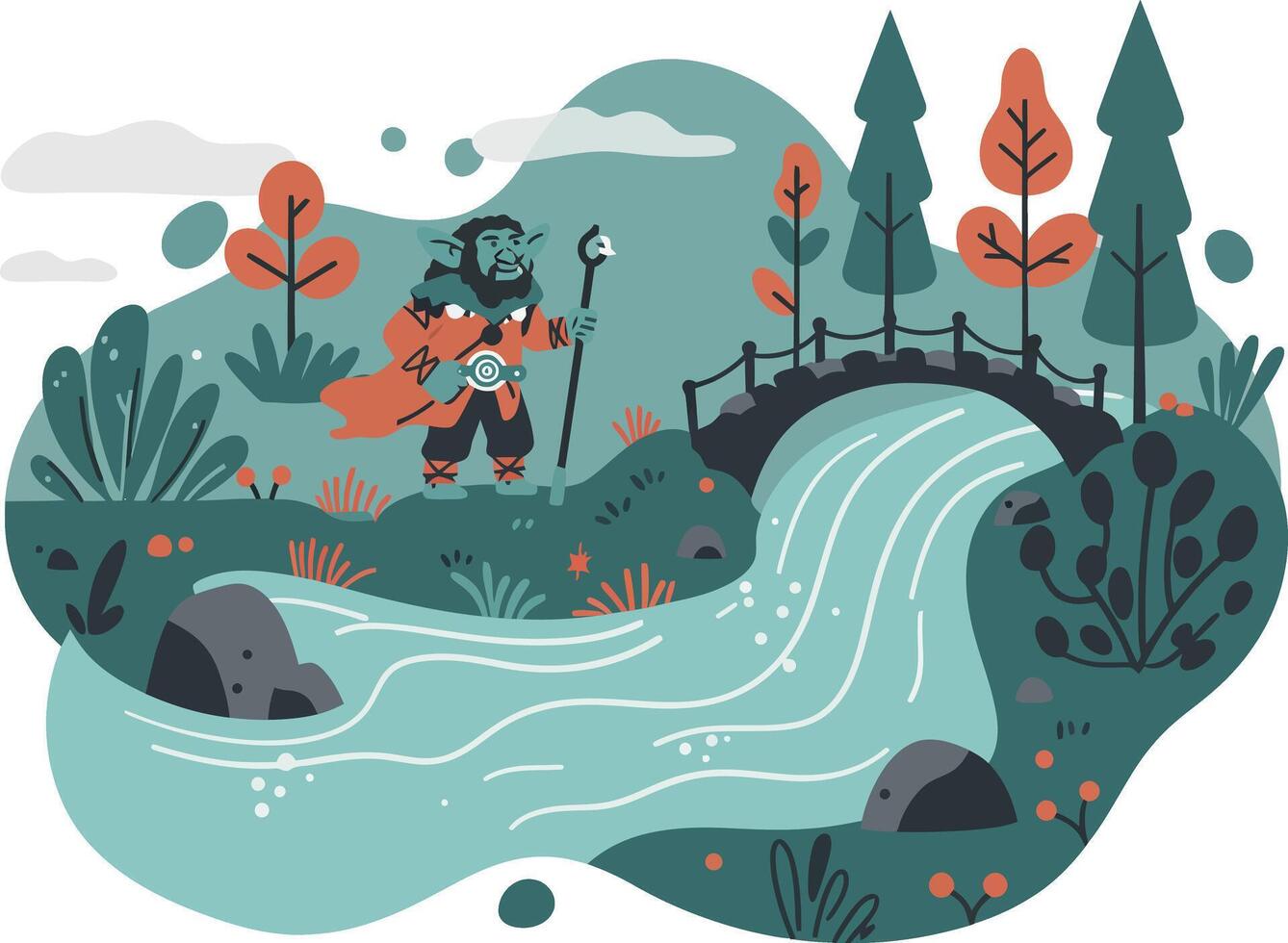 Viking warrior standing near river and forest with autumn trees and stone bridge in nature scene illustration vector