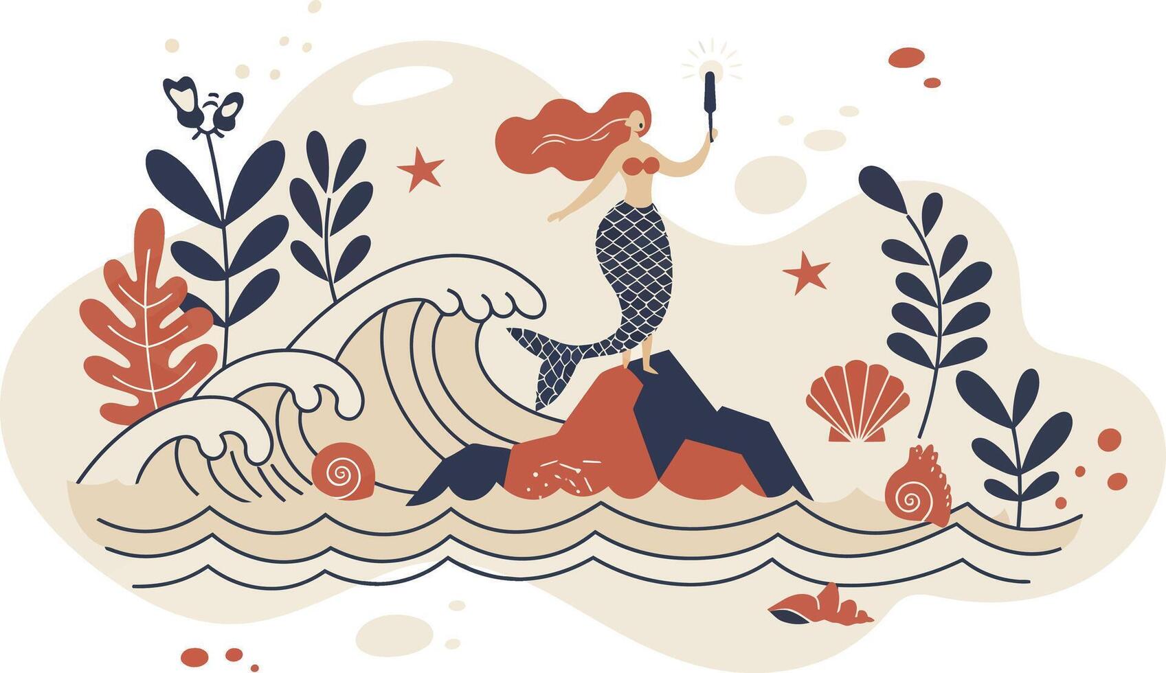 Mermaid sitting on rock surrounded by waves and sea plants in coral and navy blue tones illustration vector