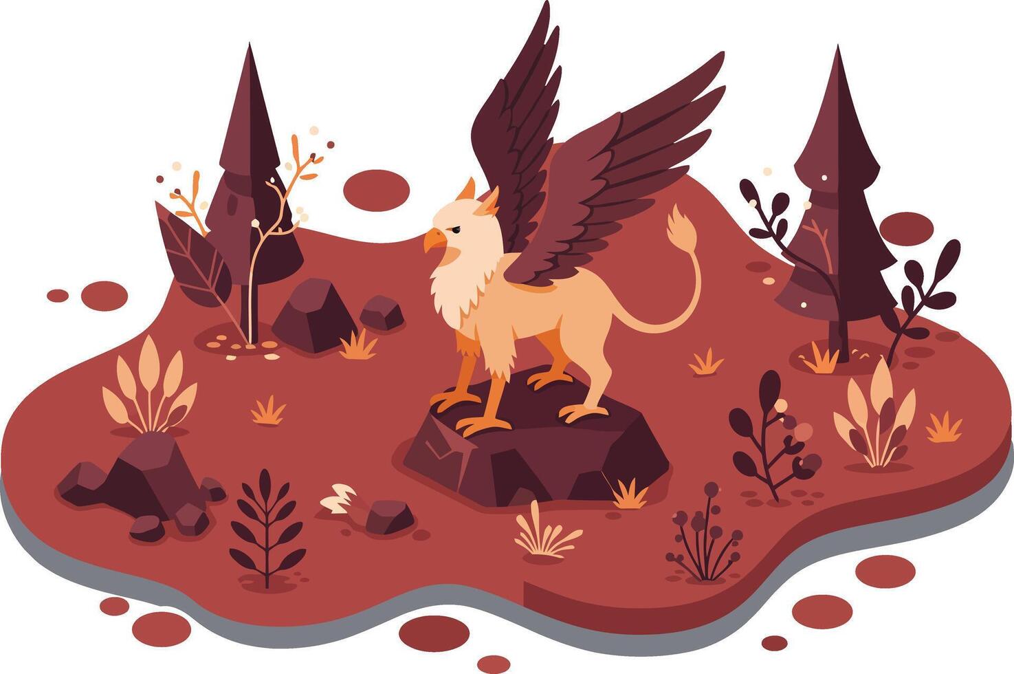 Mythical griffin creature with wings standing on rock in fantasy forest environment illustration vector