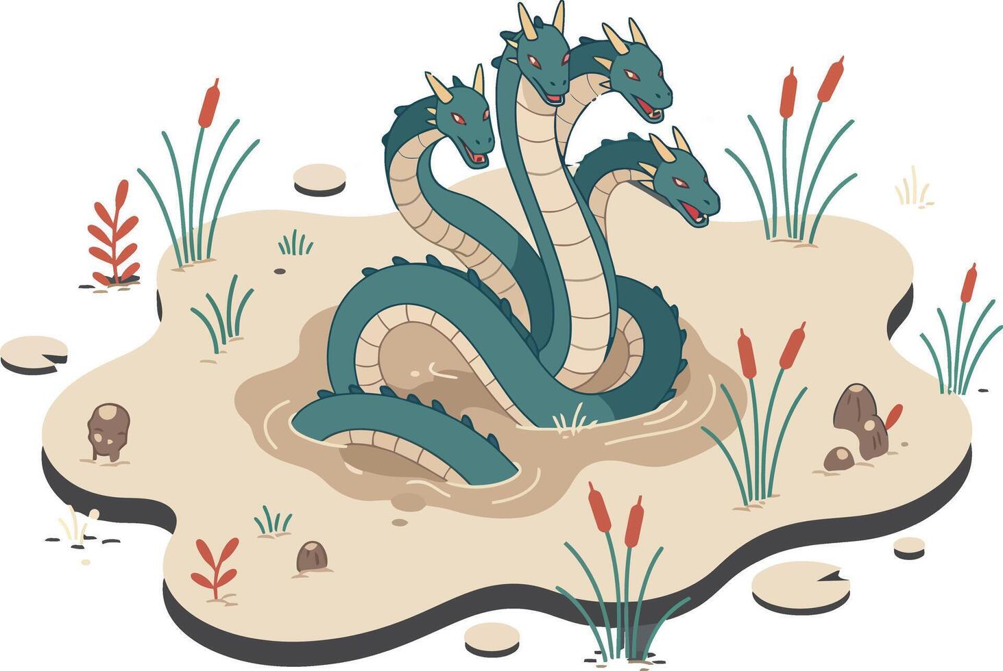 Three-headed dragon creature resting in swamp with reeds and stones fantasy mythical animal illustration vector