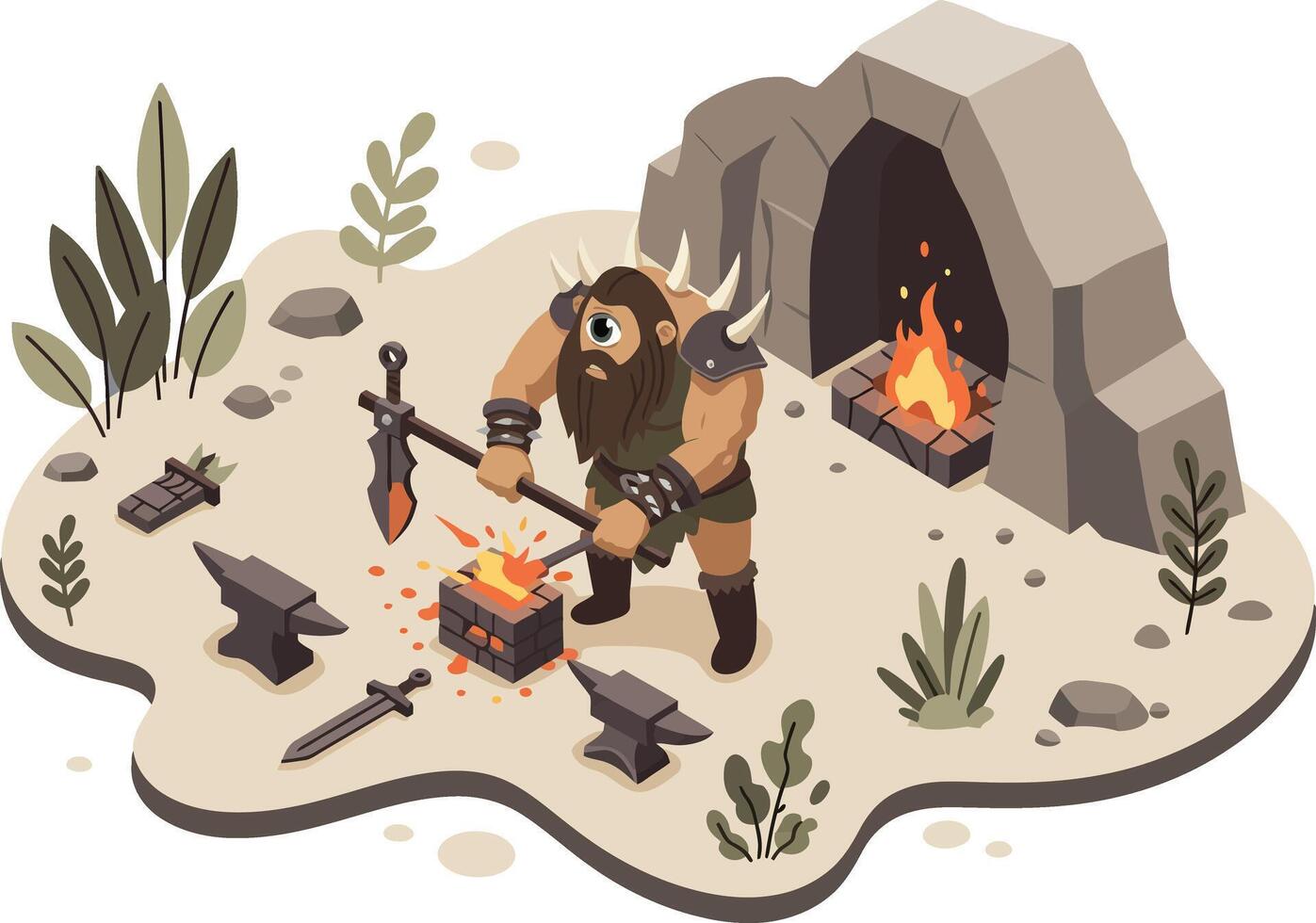 Viking blacksmith forging sword near stone fireplace with glowing fire and tools illustration vector