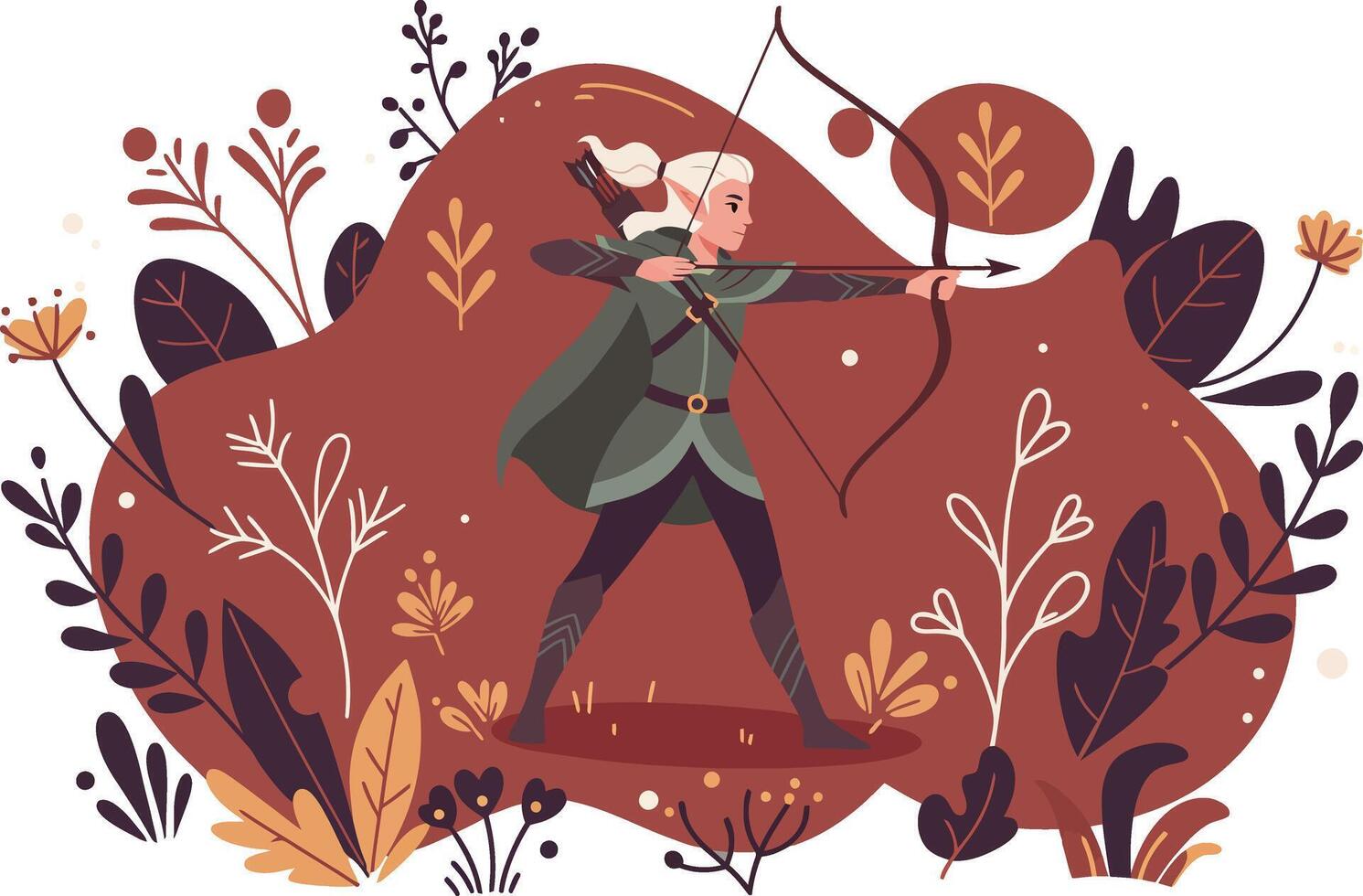 Archer aiming bow in autumn forest surrounded by foliage and plants illustration vector
