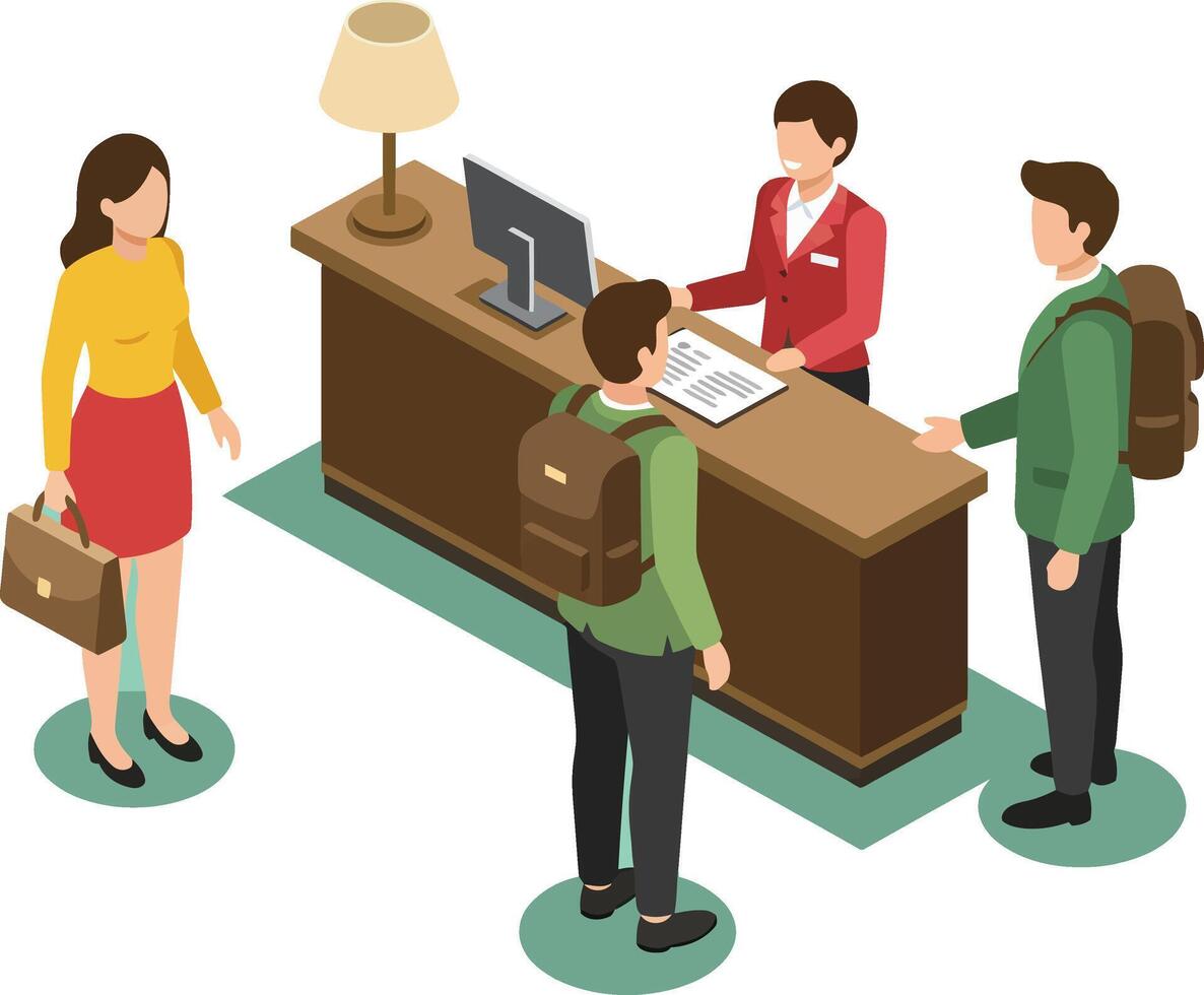 Reception desk with people checking in and standing in line in office or hotel lobby illustration vector