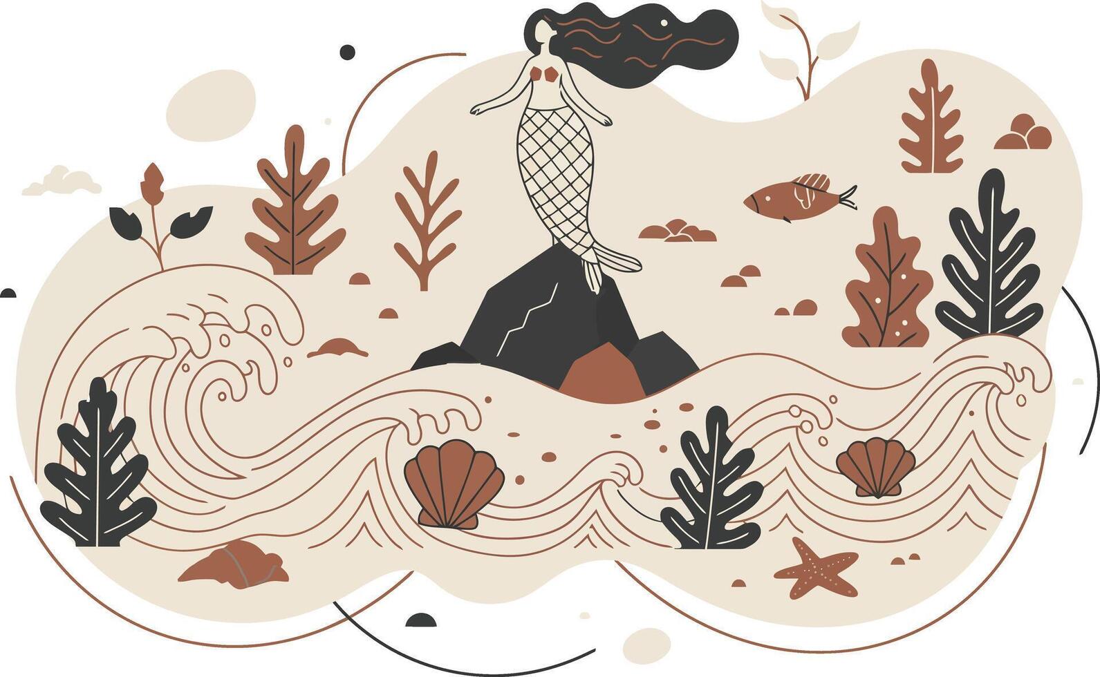 Woman standing on rock in abstract ocean waves with seashells and plants illustration vector