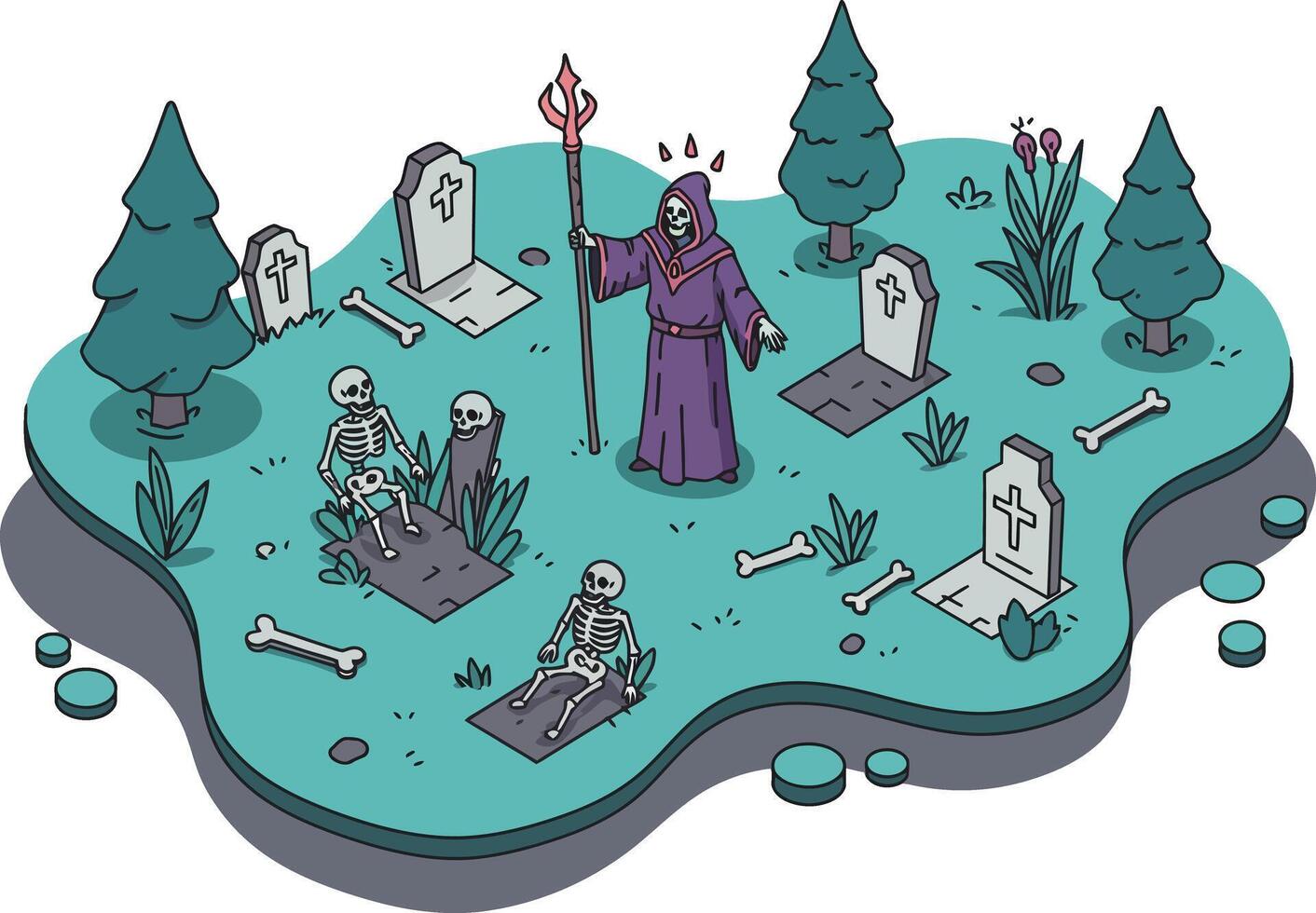 Grim Reaper standing in spooky cemetery with tombstones skeletons bones and pine trees in eerie scene illustration vector