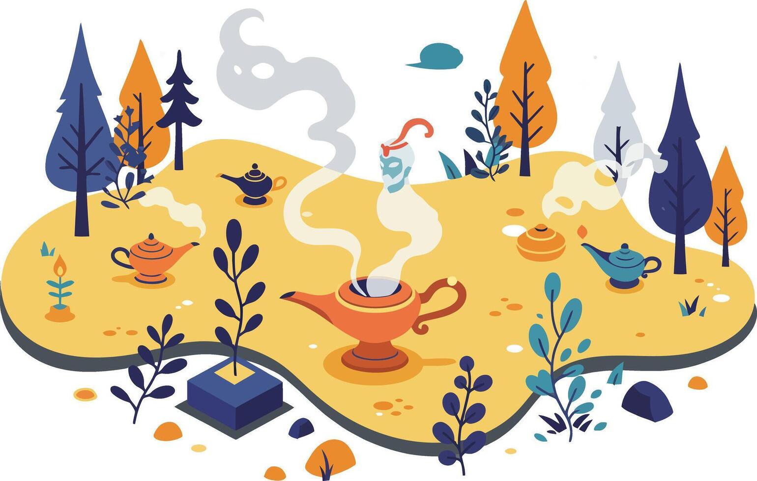 Autumn forest campfire scene with steaming tea cup and colorful trees illustration vector
