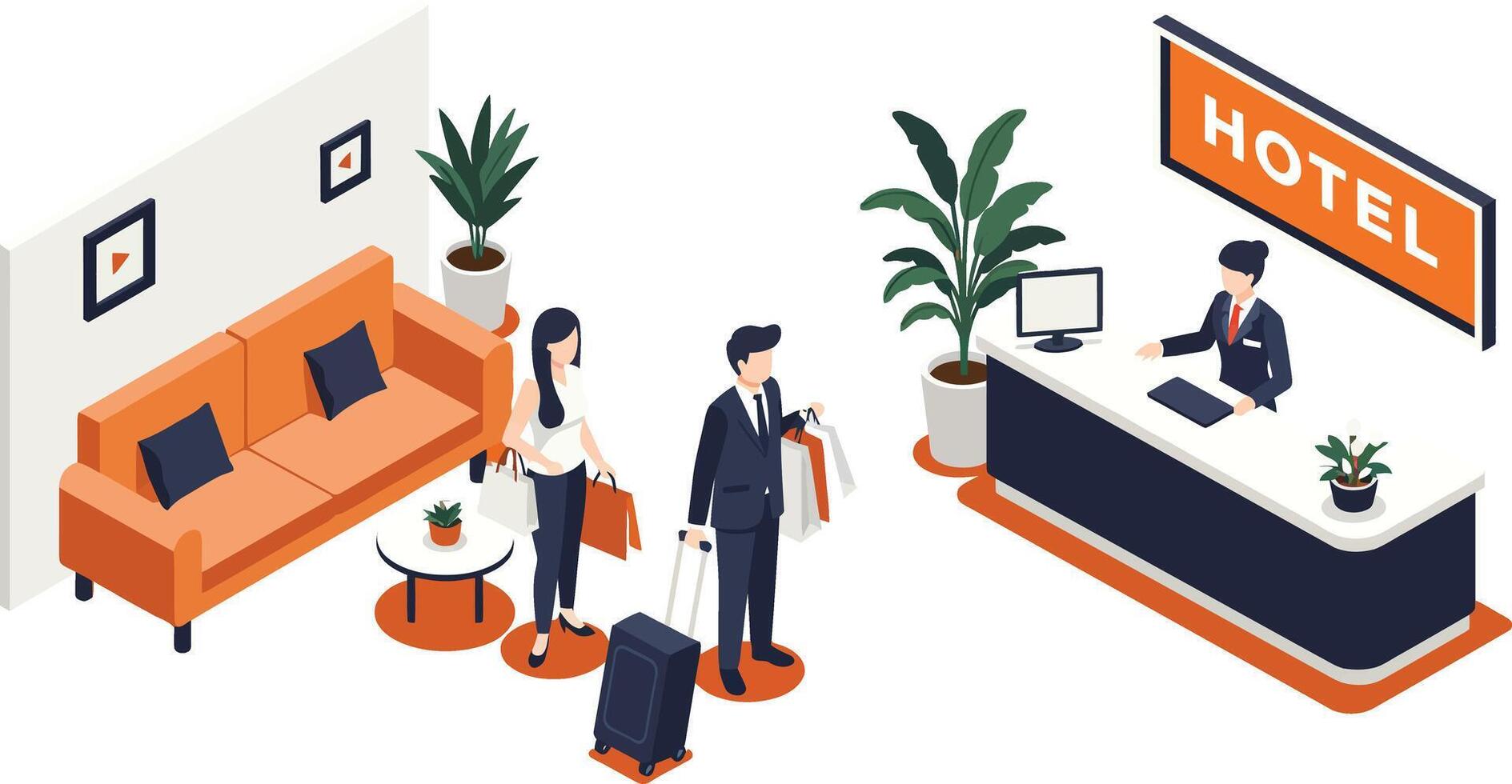 Hotel Reception Desk with Guests Checking In and Relaxing in Lobby Area Illustration vector