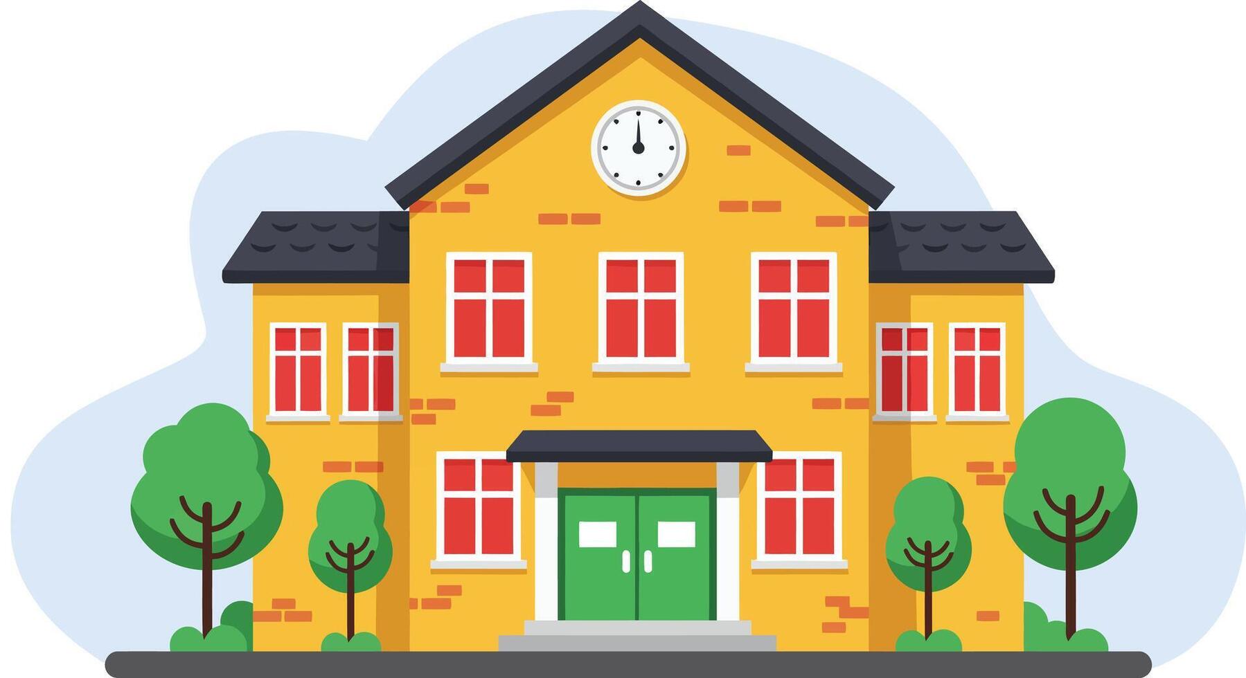 Yellow School Building with Clock and Green Doors Surrounded by Trees Illustration vector
