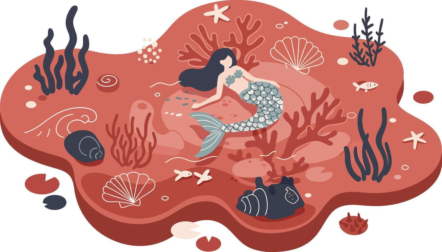 Mermaid resting on coral reef surrounded by sea life in stylized underwater scene illustration vector