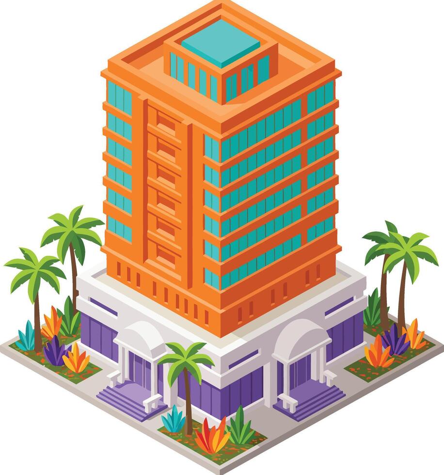 High-rise building with palm trees and plants vector