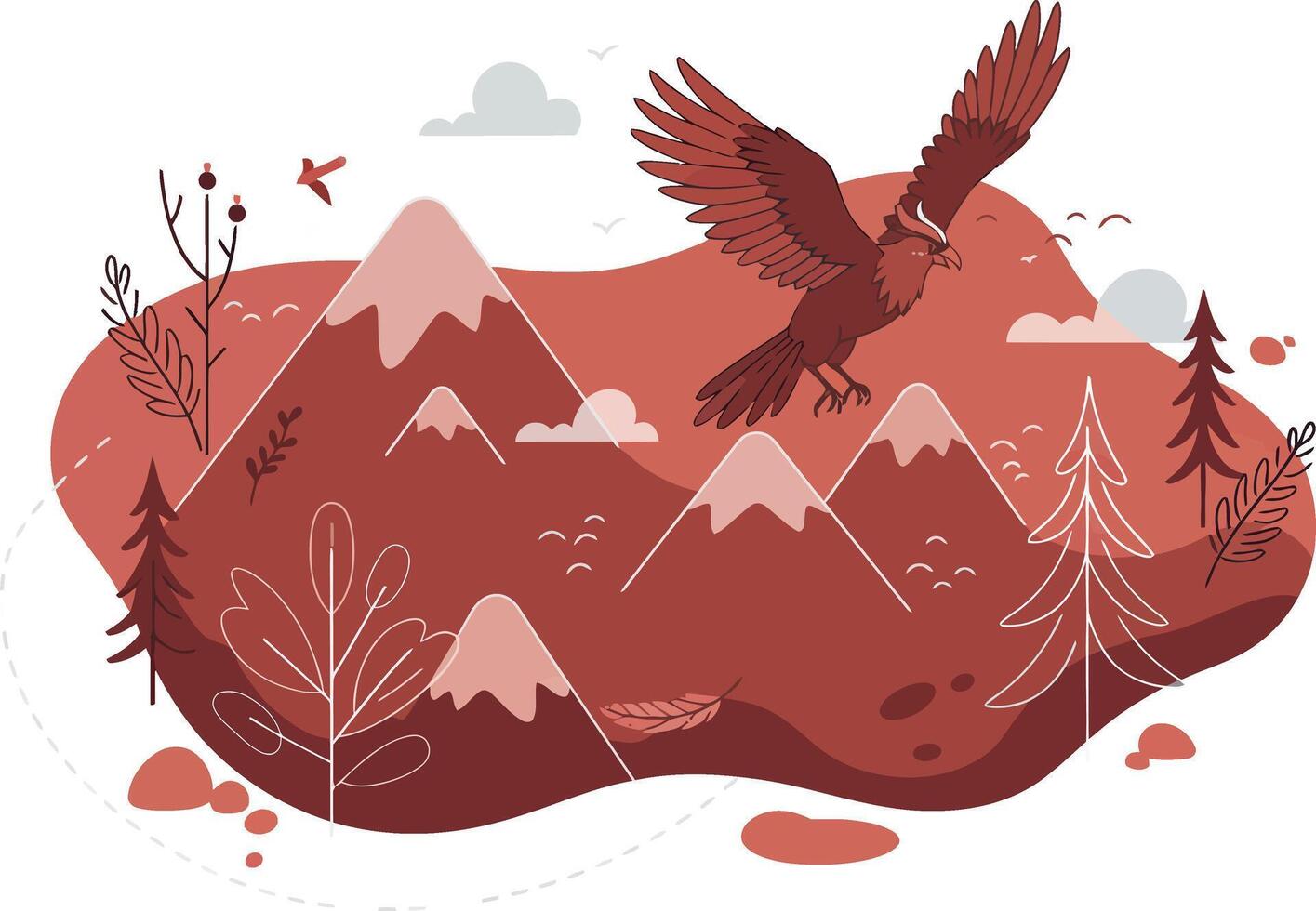 Red eagle flying over mountainous landscape with autumn trees and birds illustration vector