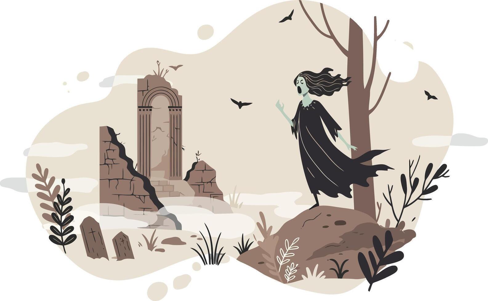 Mysterious woman standing near ancient ruined tomb in autumn forest landscape illustration vector