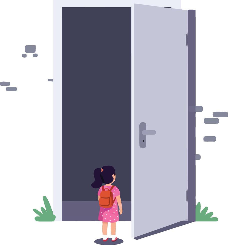 Little girl standing by open door looking inside in minimalist illustration vector
