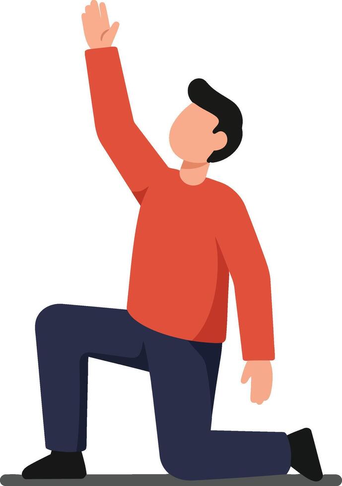 Young man kneeling and raising hand in red sweater and blue pants illustration vector
