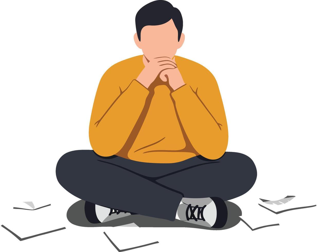 Man Sitting Cross Legged Thinking Deeply Surrounded by Papers Illustration in Yellow and Black Clothing vector