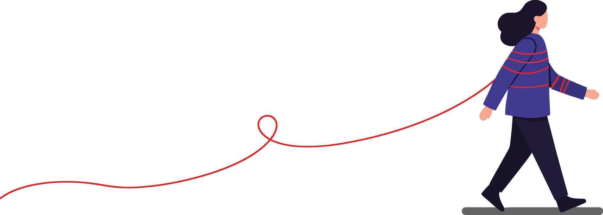 Person walking with a red thread trailing behind in minimalist style illustration vector