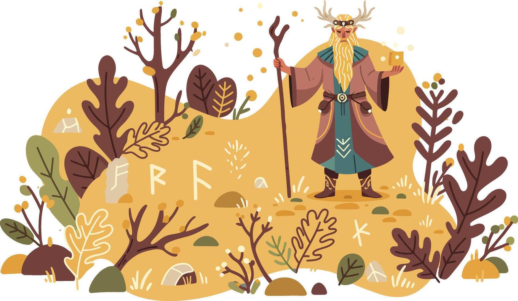 Norse god illustration with ancient runes and autumn foliage in warm golden tones art vector