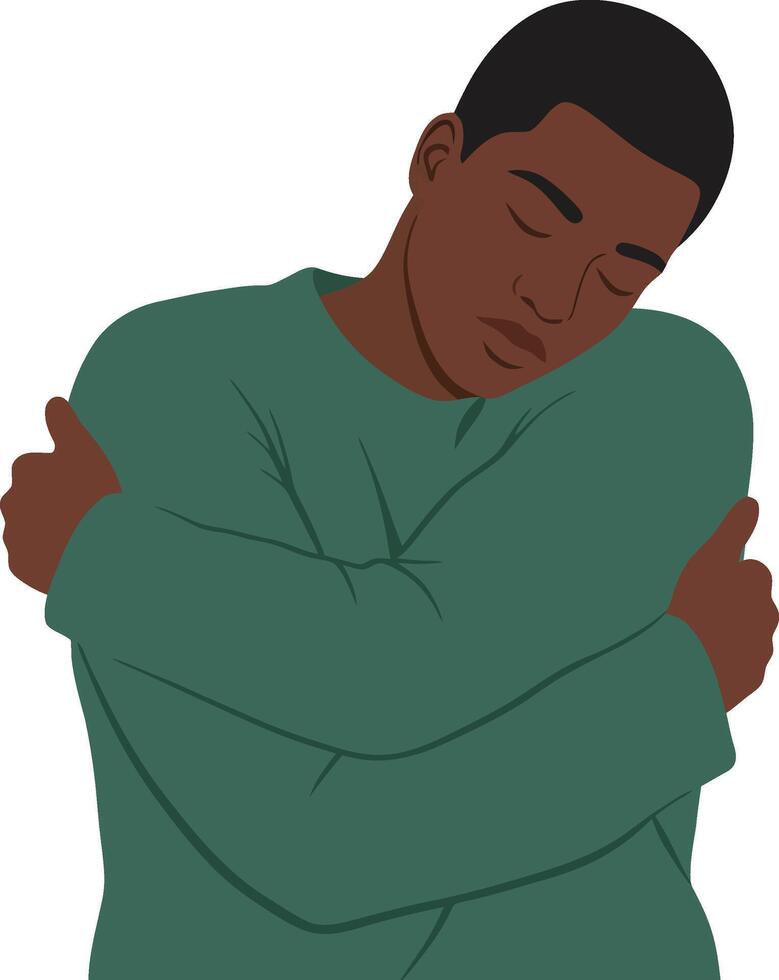 Man hugging himself in green sweater expressing self-care and self-love in illustration vector