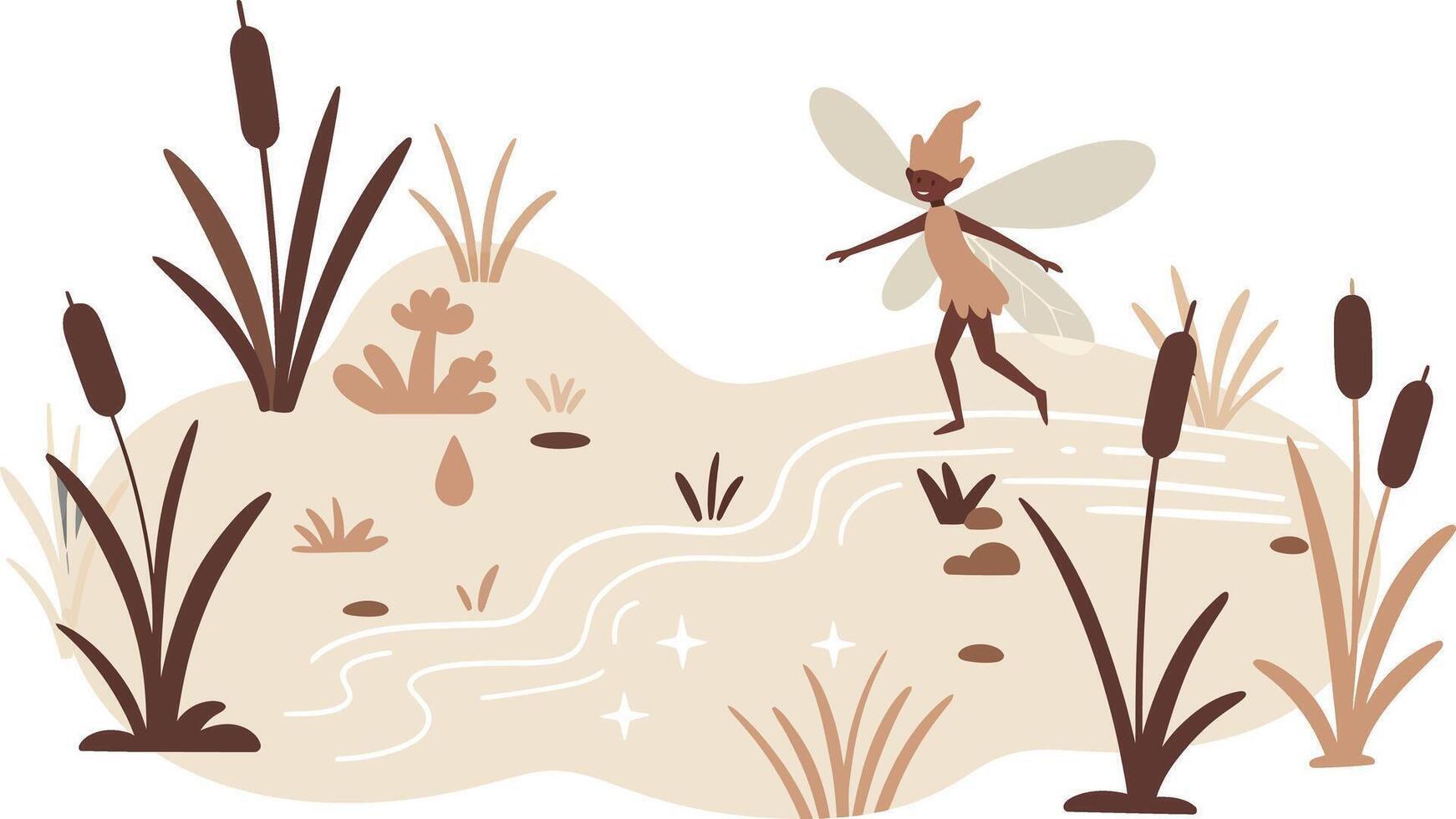 Fairy flying over pond with cattails and grasses in muted brown tones illustration vector