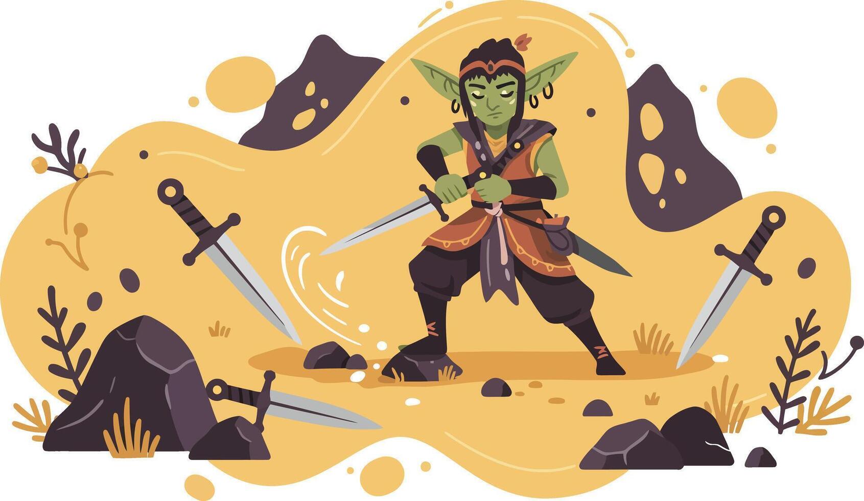 Green fantasy warrior character with swords in mystical rocky environment illustration vector