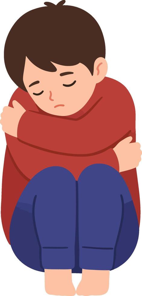 Sad young boy sitting curled up hugging knees in emotional pose illustration vector