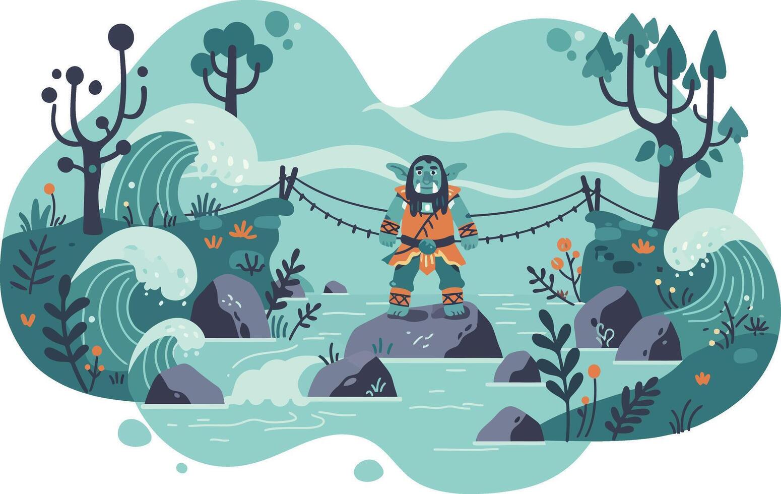 Person Crossing Stream with Rope Bridge Surrounded by Forest and Rocks in Calm Nature Scene Illustration vector