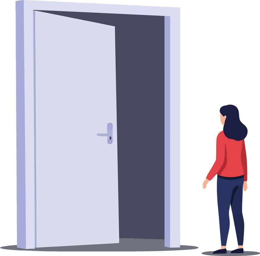 Woman standing in front of open door exploring new opportunities with minimalist design and purple tones illustration vector