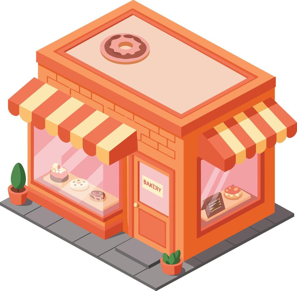 Small bakery shop building with striped awning and brick details in isometric style illustration vector