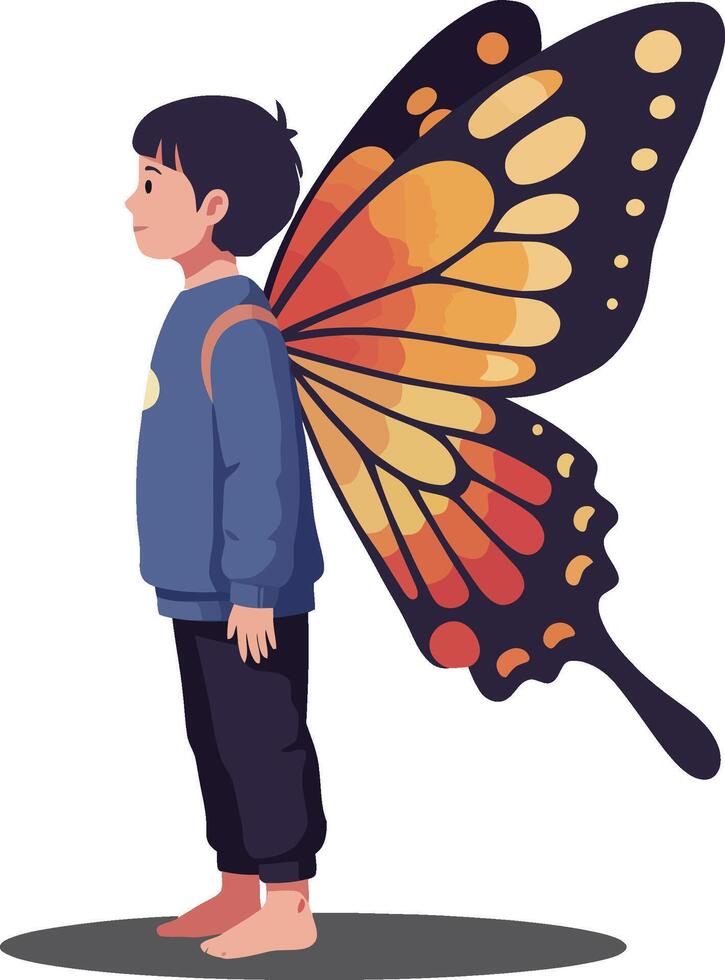 Child with colorful butterfly wings standing barefoot in profile illustration vector