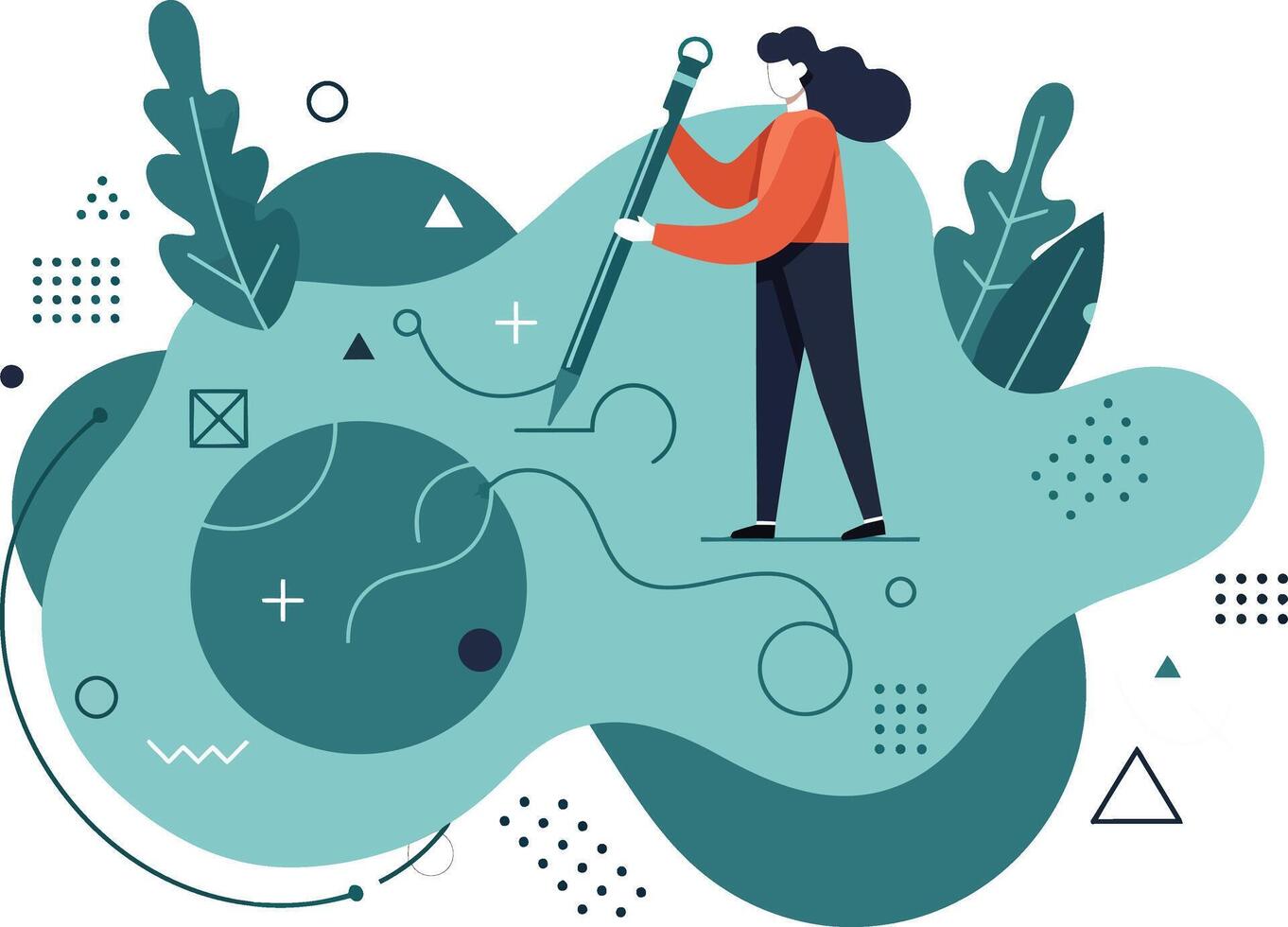 Person fishing in abstract pond surrounded by plants and geometric shapes illustration vector