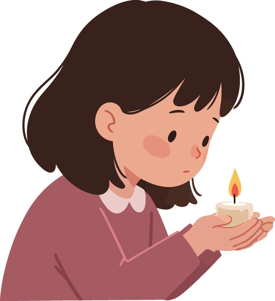 Girl holding a small candle with glowing flame illustration in soft colors and calm expression art vector