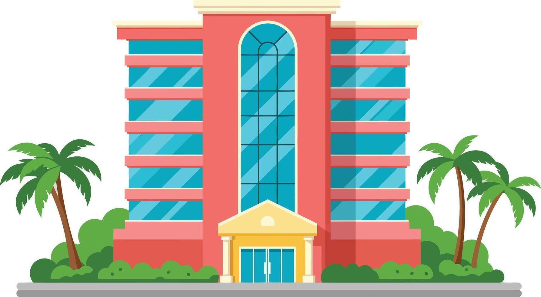 Modern coral colored office building with glass windows and palm trees illustration vector