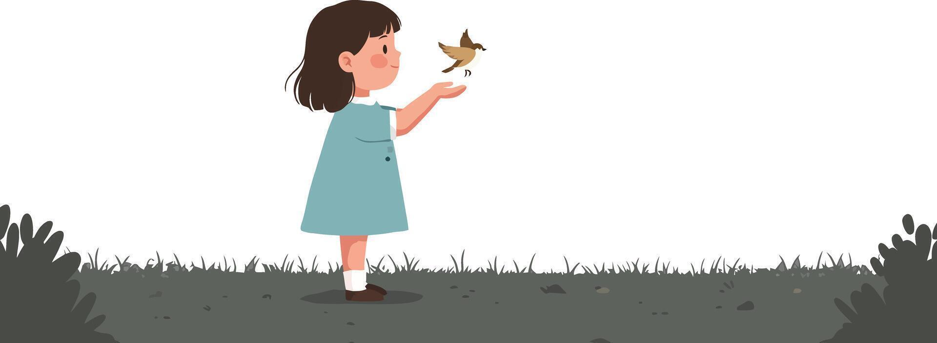Girl in blue dress holding small bird in grass field simple nature scene illustration vector