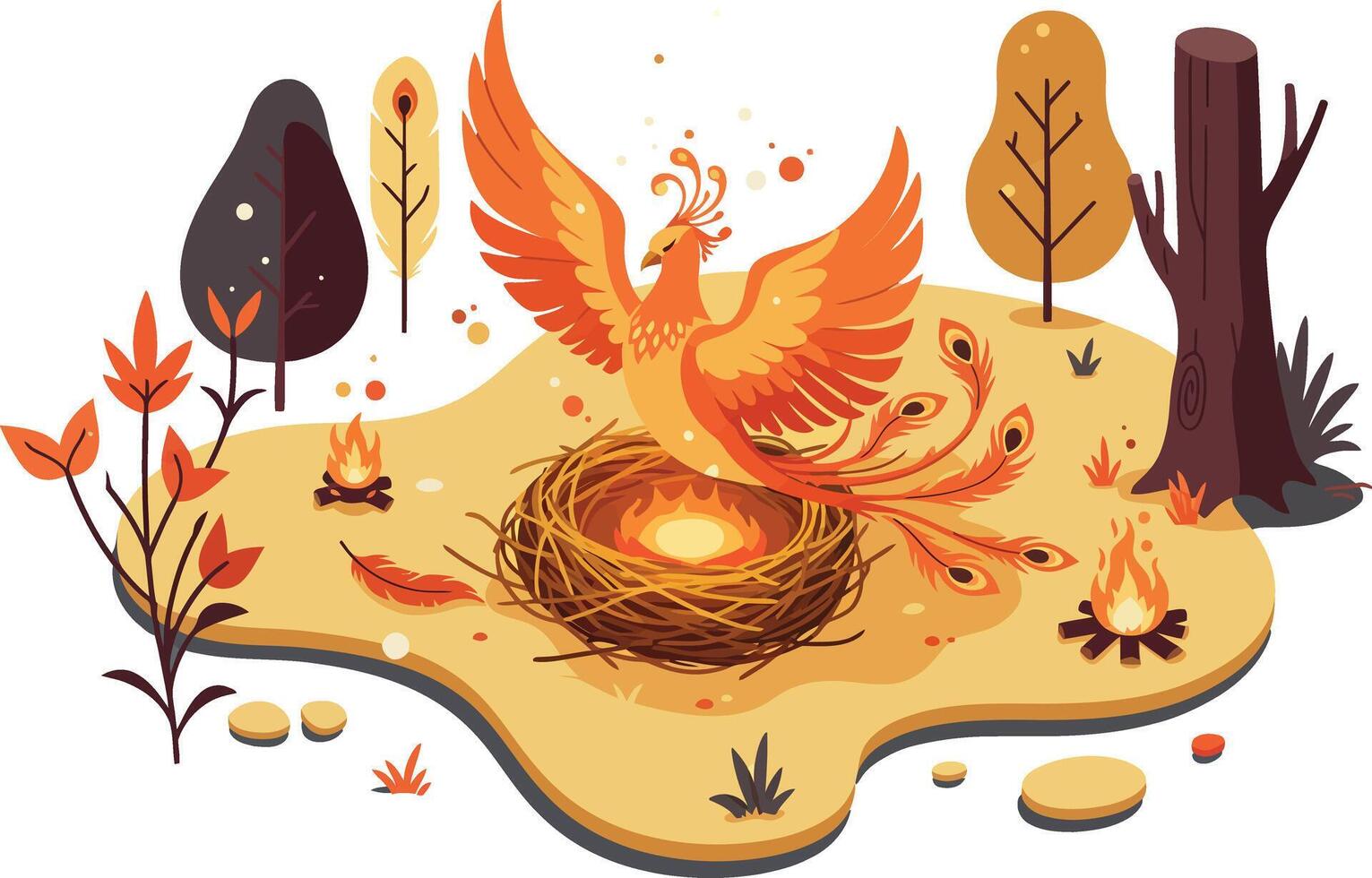 Phoenix rising from fiery nest with autumn trees and fallen leaves illustration in warm tones vector