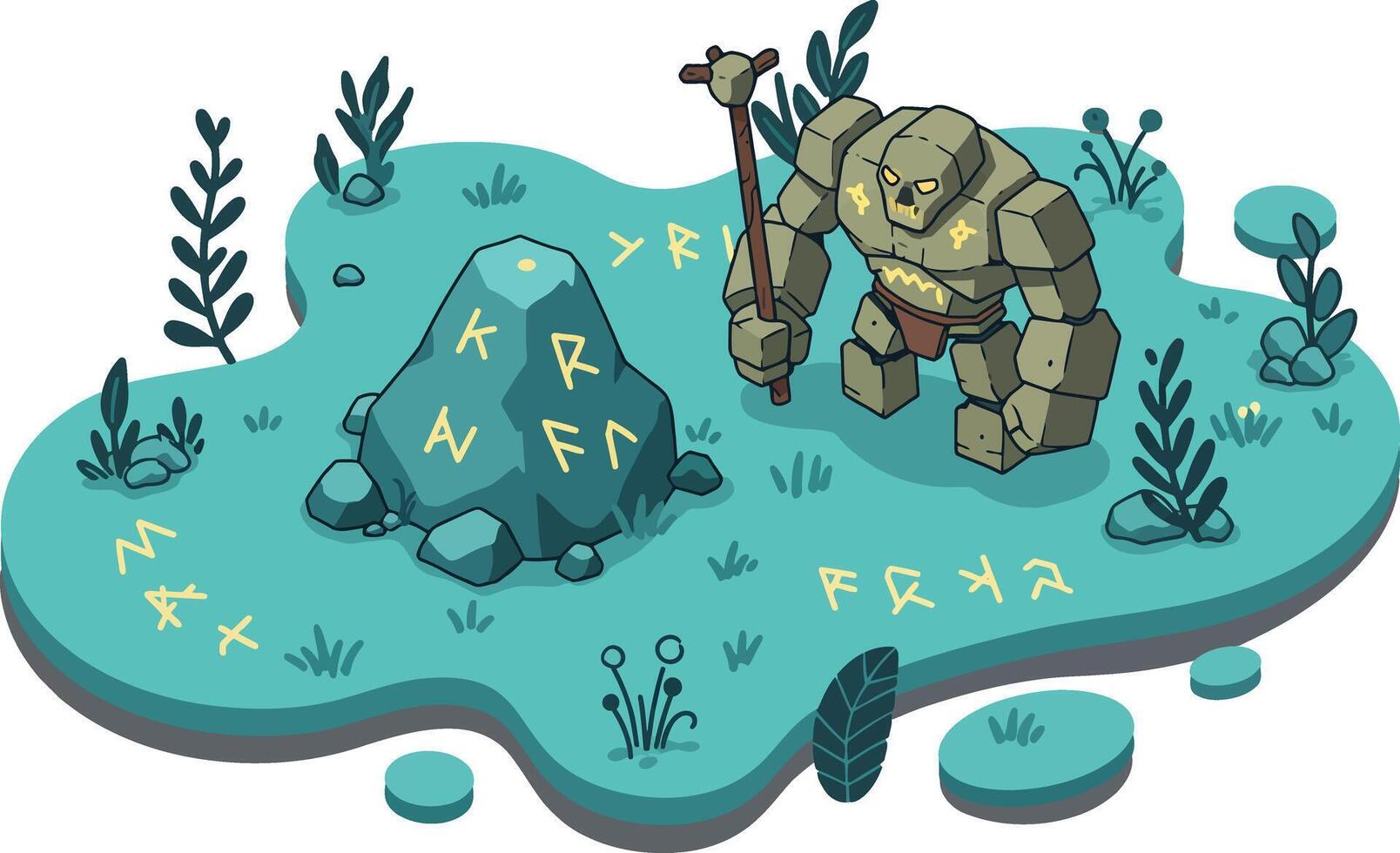 Ancient stone arch and rune-covered boulder with mystical symbols on forest floor illustration vector