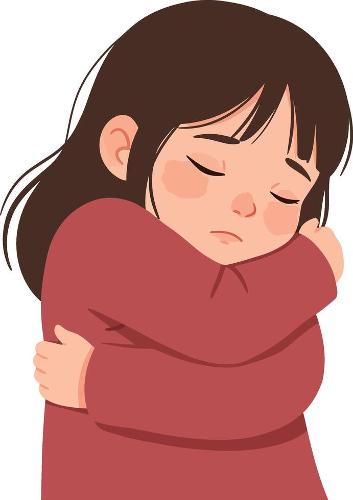 Sad girl hugging herself in red sweater expressing loneliness and comfort illustration vector