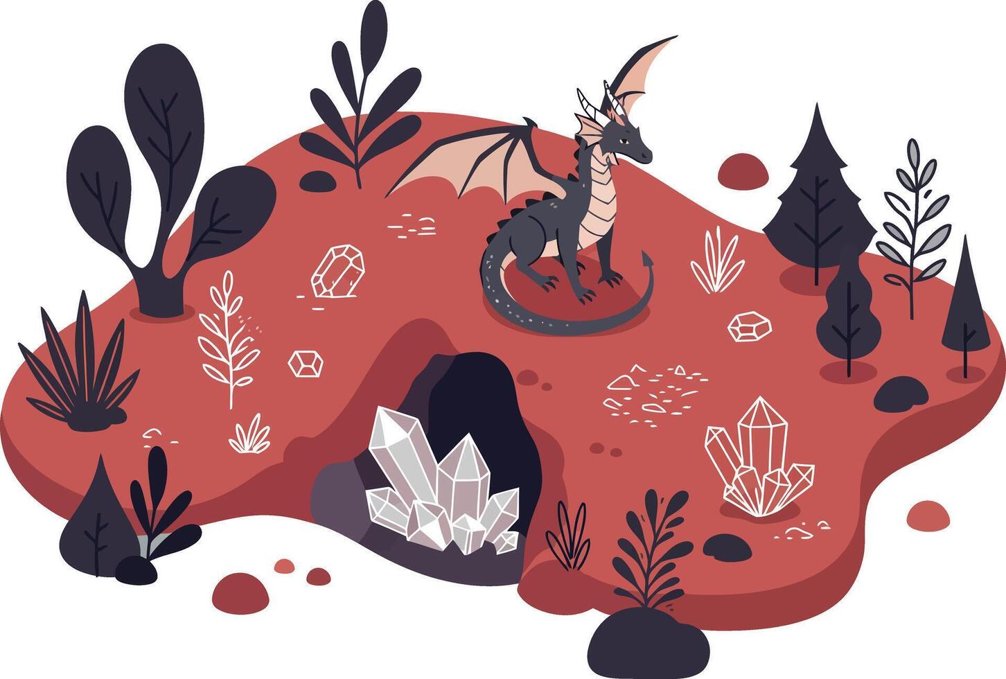 Dragon perched on red rocky terrain with dark plants and crystals fantasy illustration vector