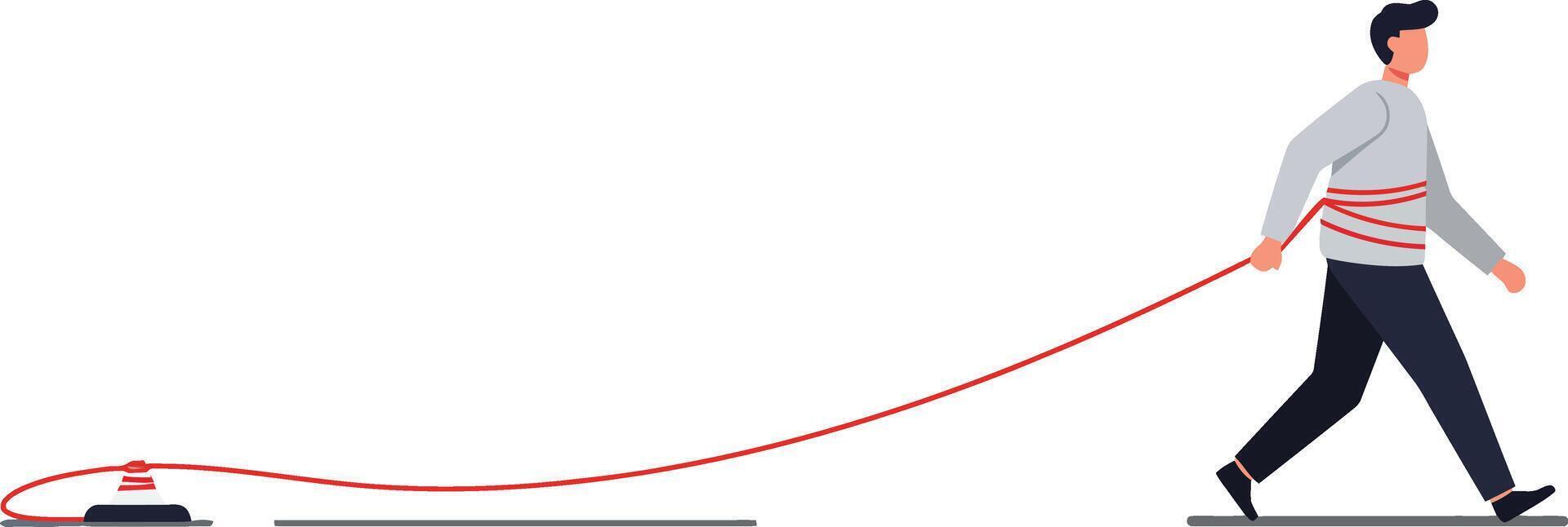 Man walking while pulling a vacuum cleaner with red cord in minimalistic illustration vector