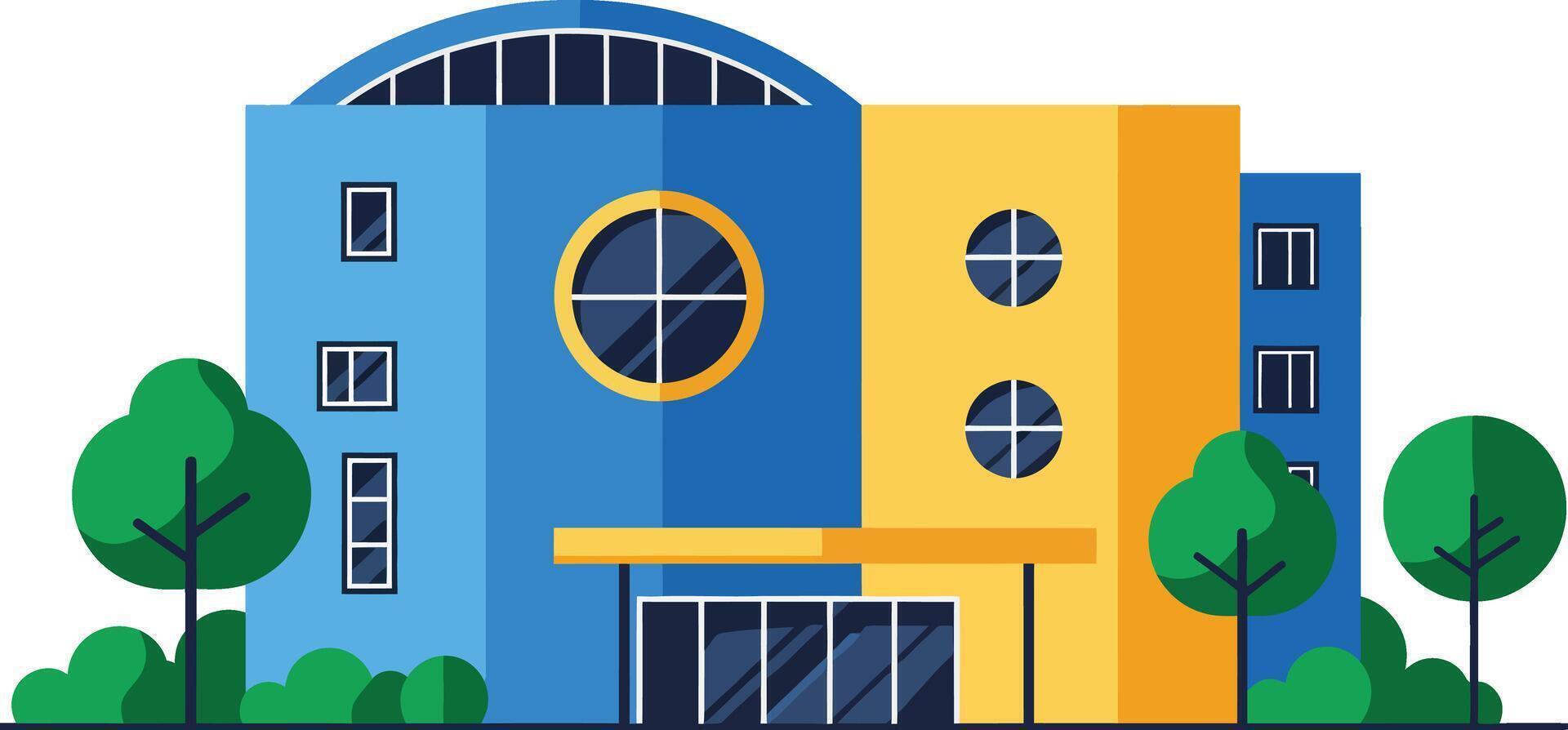 Modern blue and yellow building with trees and bushes in front urban architecture illustration vector