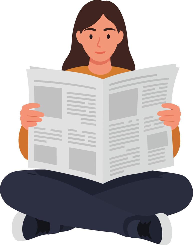 Woman Sitting Cross Legged Reading Newspaper Illustration in Casual Clothing with Focused Expression vector